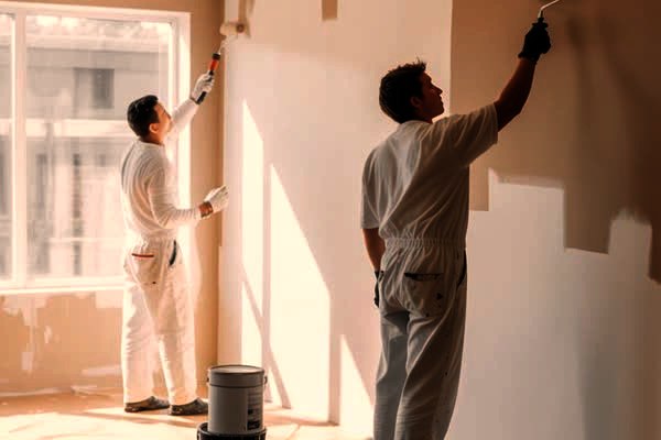 Una casa in mezzo ai lavori: parete grezza, telo sul pavimento, scala e secchio